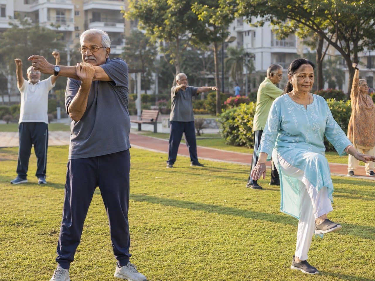Senior Citizens Practicing Morning Exercise in Residential Community Park | Royalty-Free image | Pixlaris