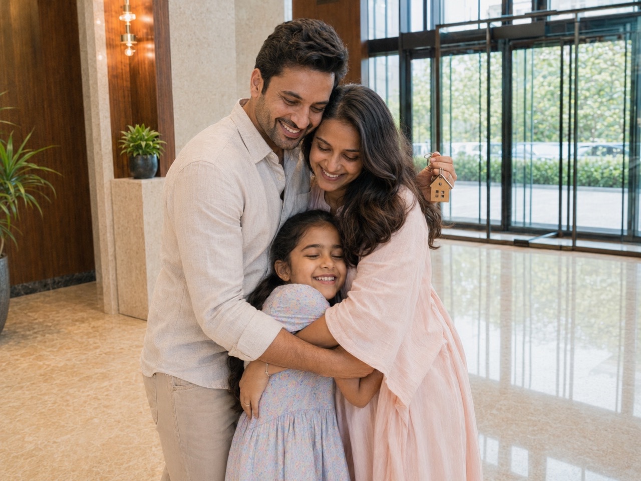 Happy Family Hugging After Receiving New Home Keys | Royalty-Free image | Pixlaris