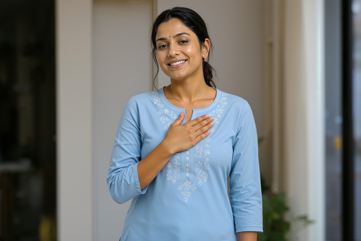 Grateful Indian Woman with Hand on Heart in Authentic Natural Portrait
