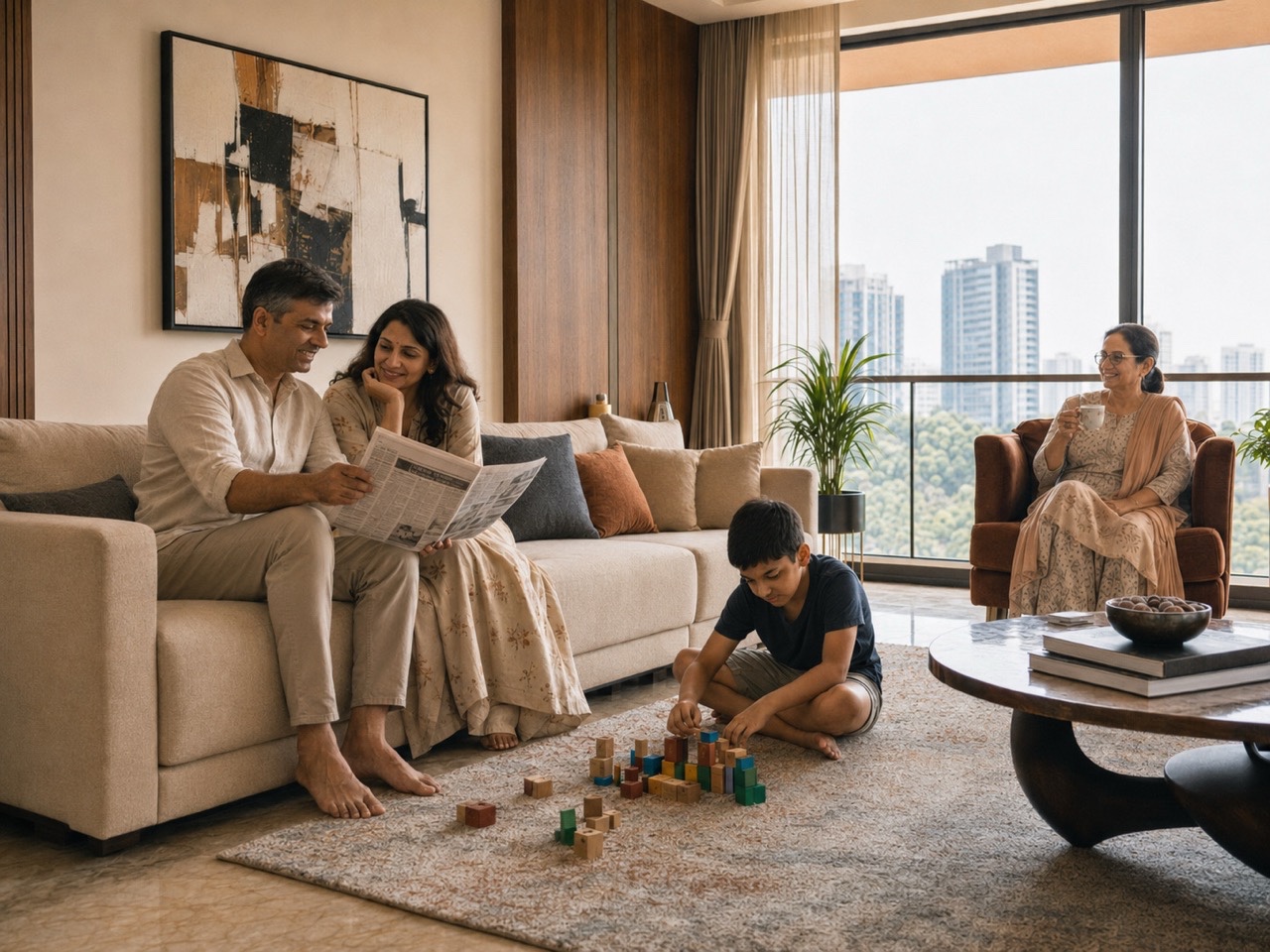 Indian Family Relaxing Together in Premium Apartment Interior | Royalty-Free image | Pixlaris