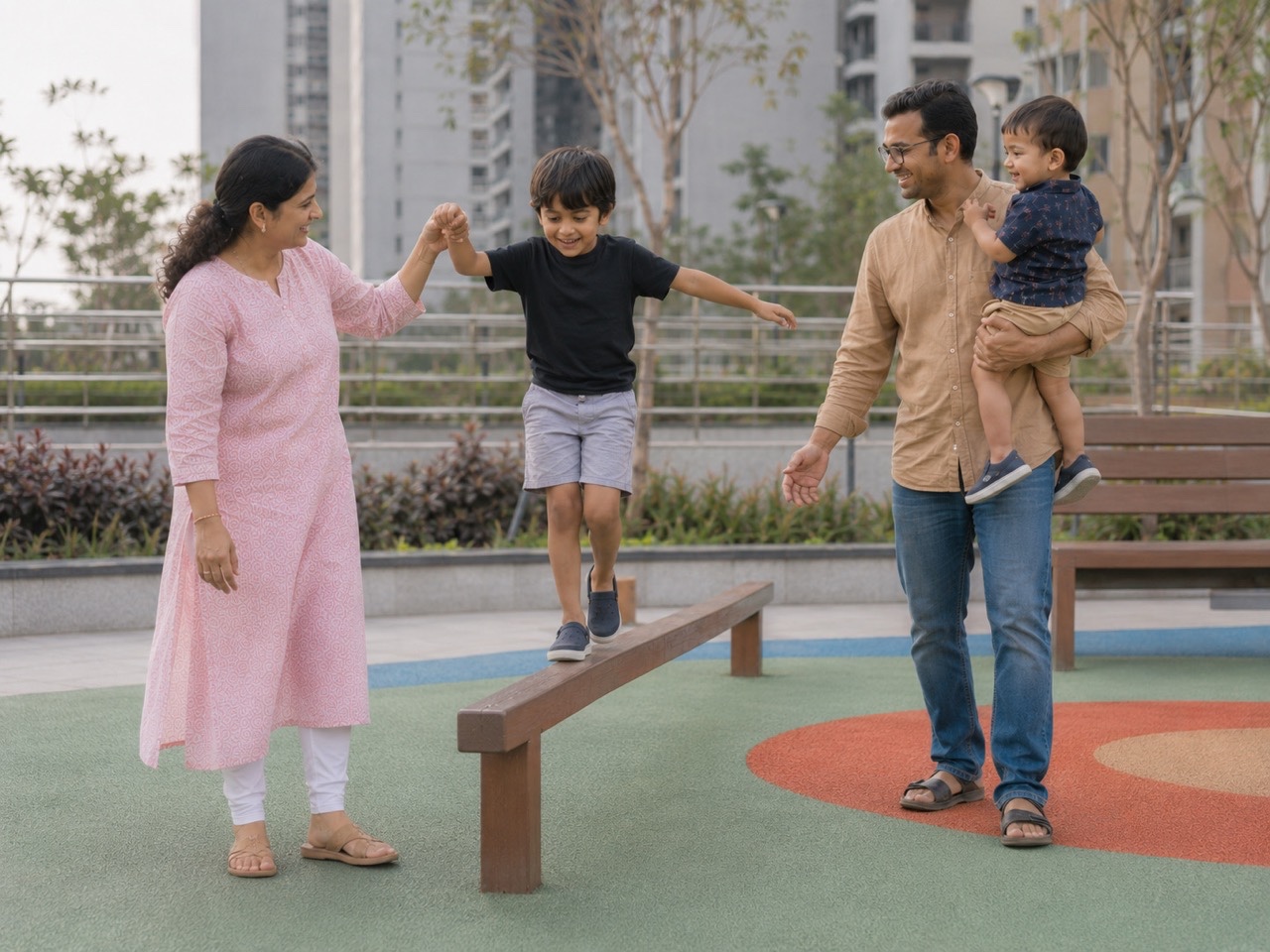 Parents Watching Son Balance on Playground Beam | Royalty-Free image | Pixlaris