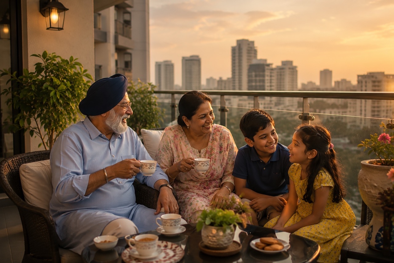 Happy Sikh Grandparents Enjoying Evening Tea with Grandchildren on Modern Apartment Balcony Large