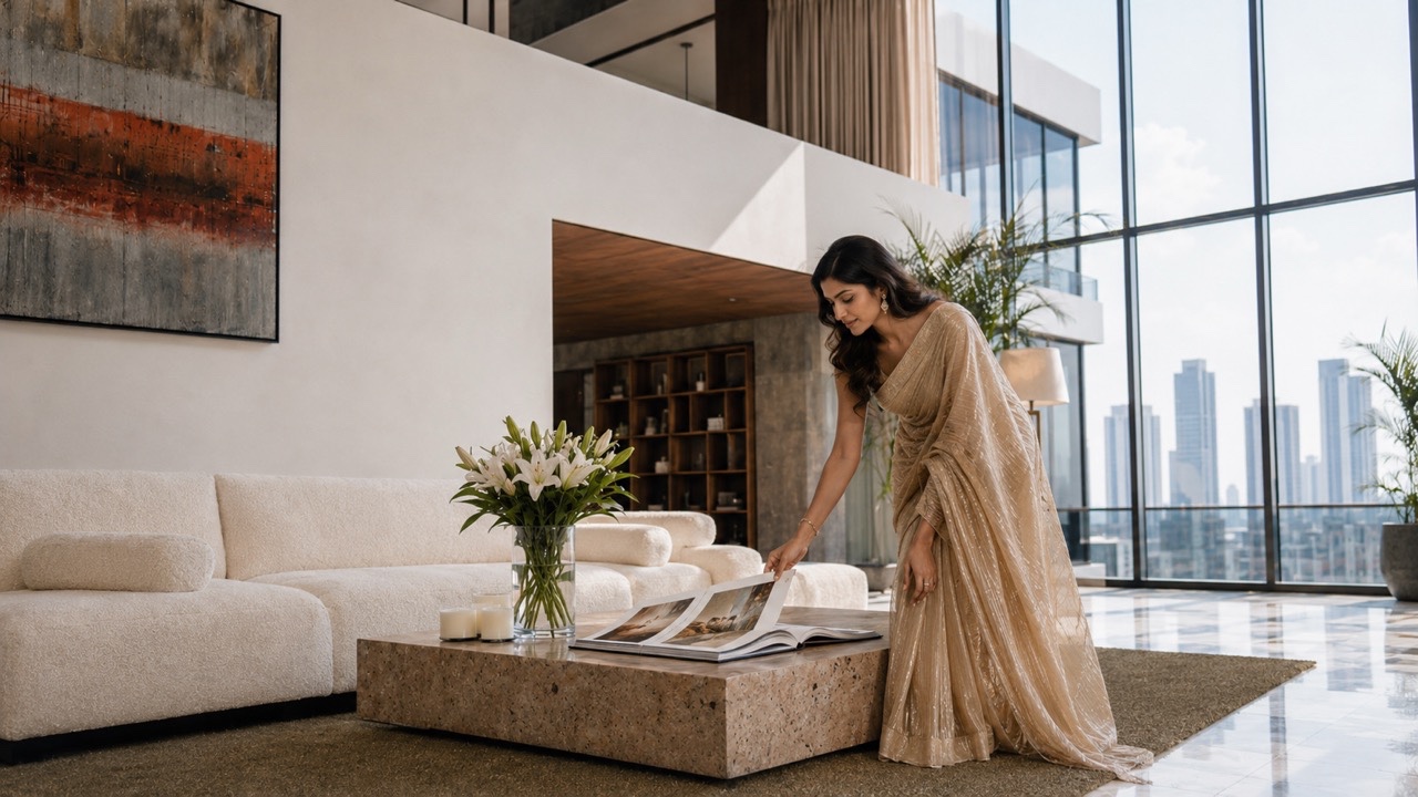 Elegant Woman Holding Tea Tray in Luxury High-Rise Living Room | Royalty-Free image | Pixlaris