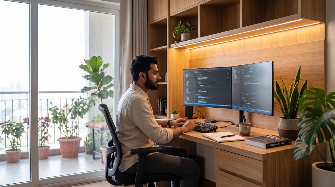 Indian Software Developer Coding at Modern Home Office Workspace with Dual Monitors Large