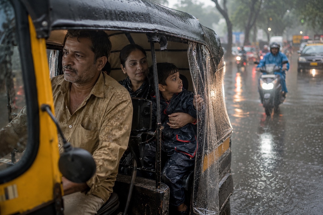 Indian Family Traveling in Auto Rickshaw During Monsoon | Royalty-Free image | Pixlaris
