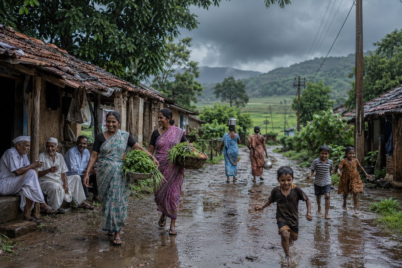 Indian Rural Village Life During Monsoon with Families and Children | Royalty-Free image | Pixlaris