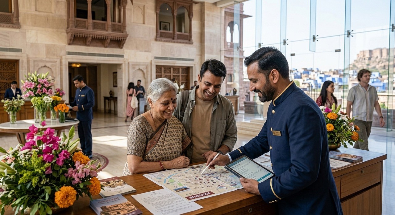 Luxury Hotel Concierge Assisting Guests with City Guide