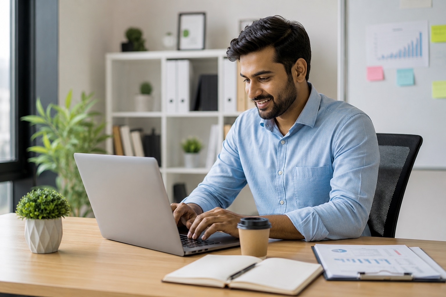 Indian Business Professional Working on Laptop in Modern Office Workspace