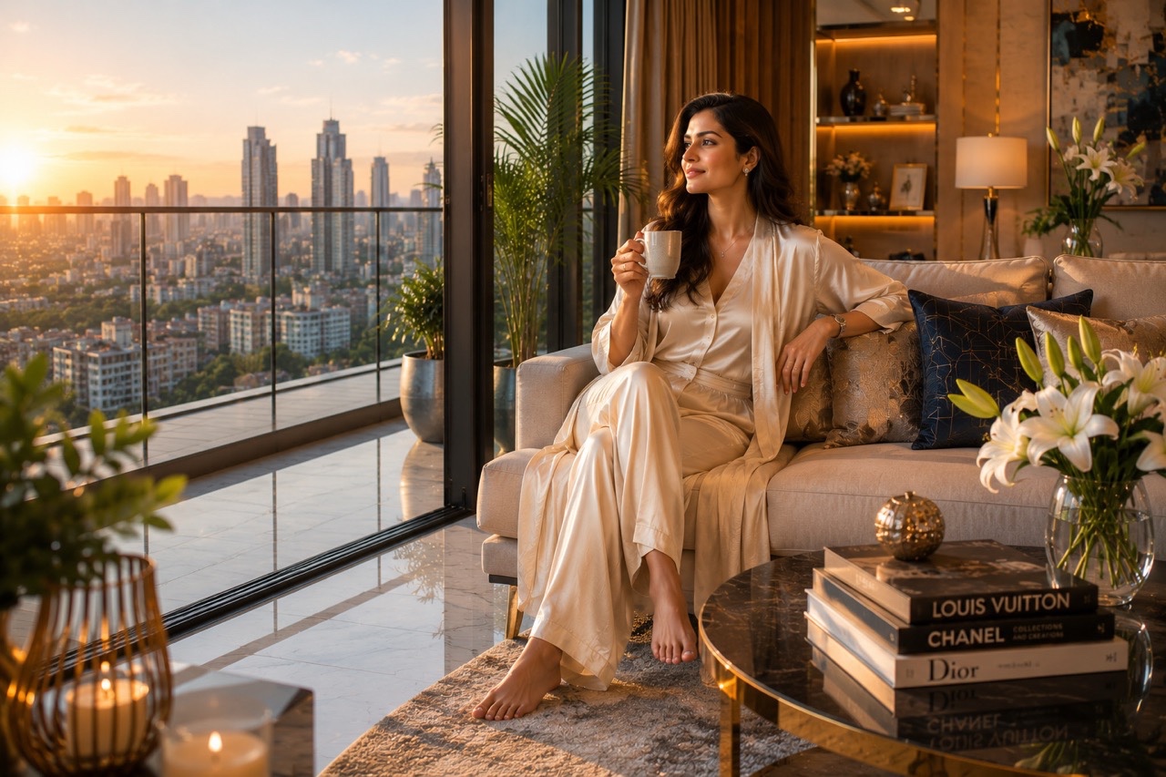 Elegant Woman Holding Coffee on Luxury Balcony at Golden Hour | Royalty-Free image | Pixlaris