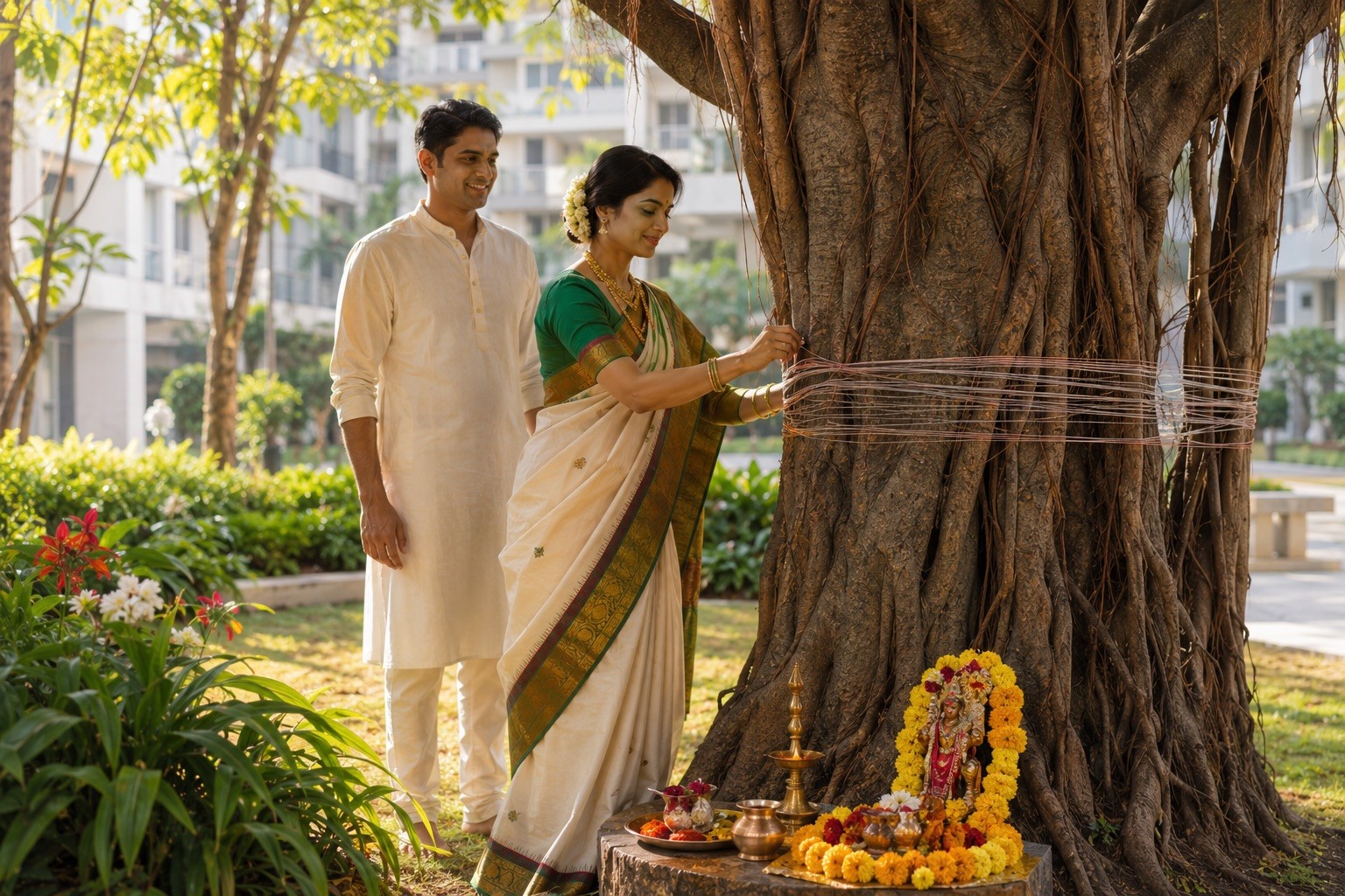 Indian Woman Performing Vat Purnima Ritual with Husband Around Banyan Tree