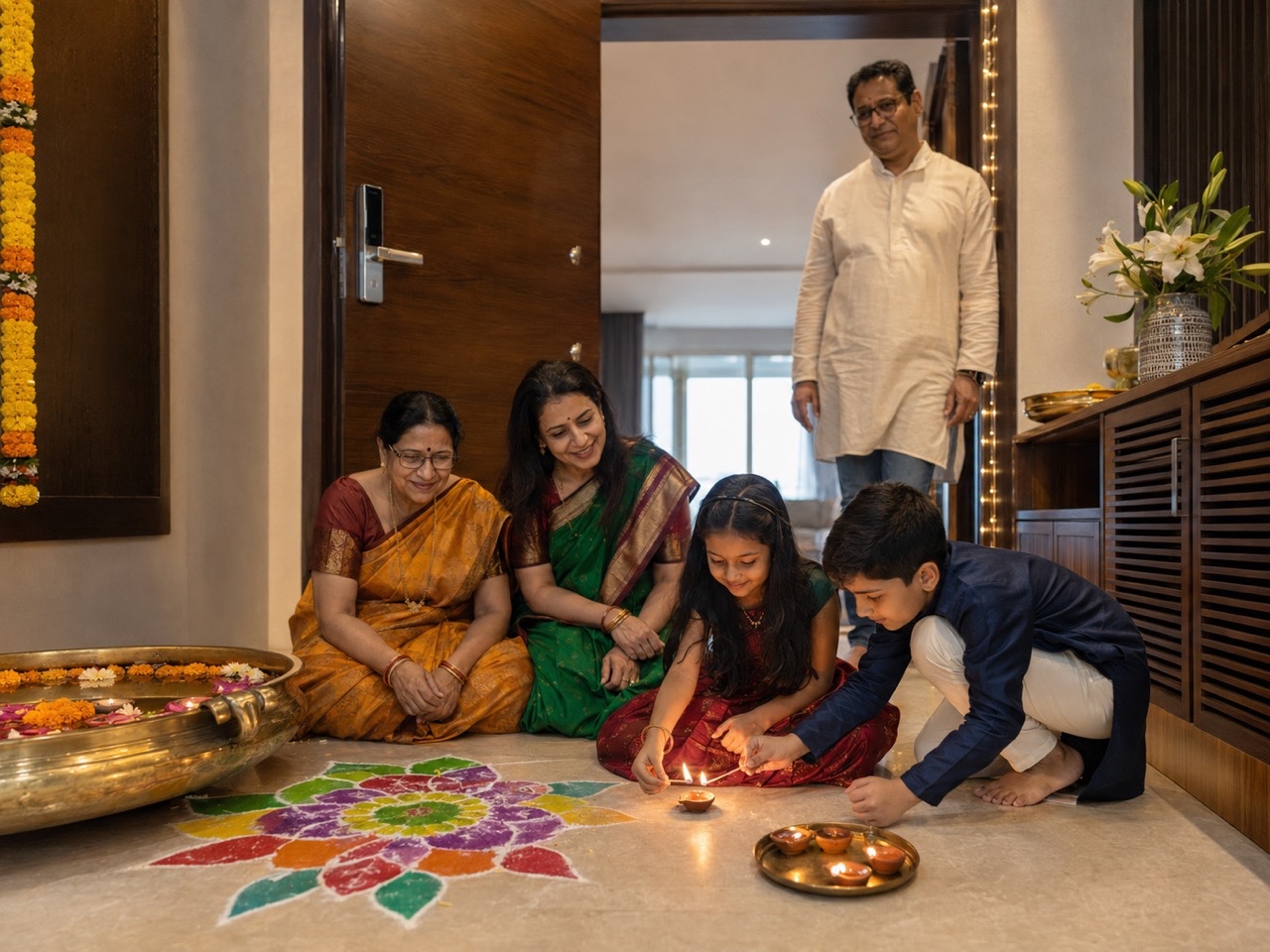 Maharashtrian Family Making Rangoli and Lighting Diyas at Home | Royalty-Free image | Pixlaris