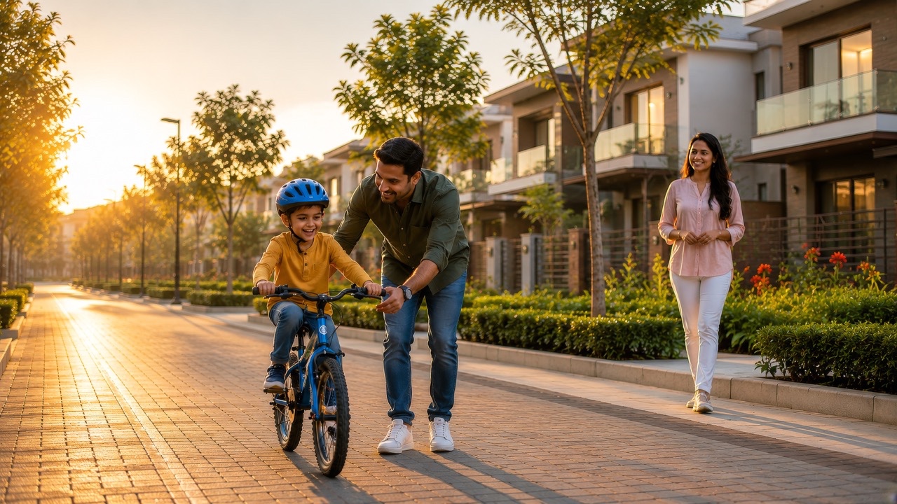 Indian Father Teaching Son to Ride Bicycle in Modern Residential Community at Sunset