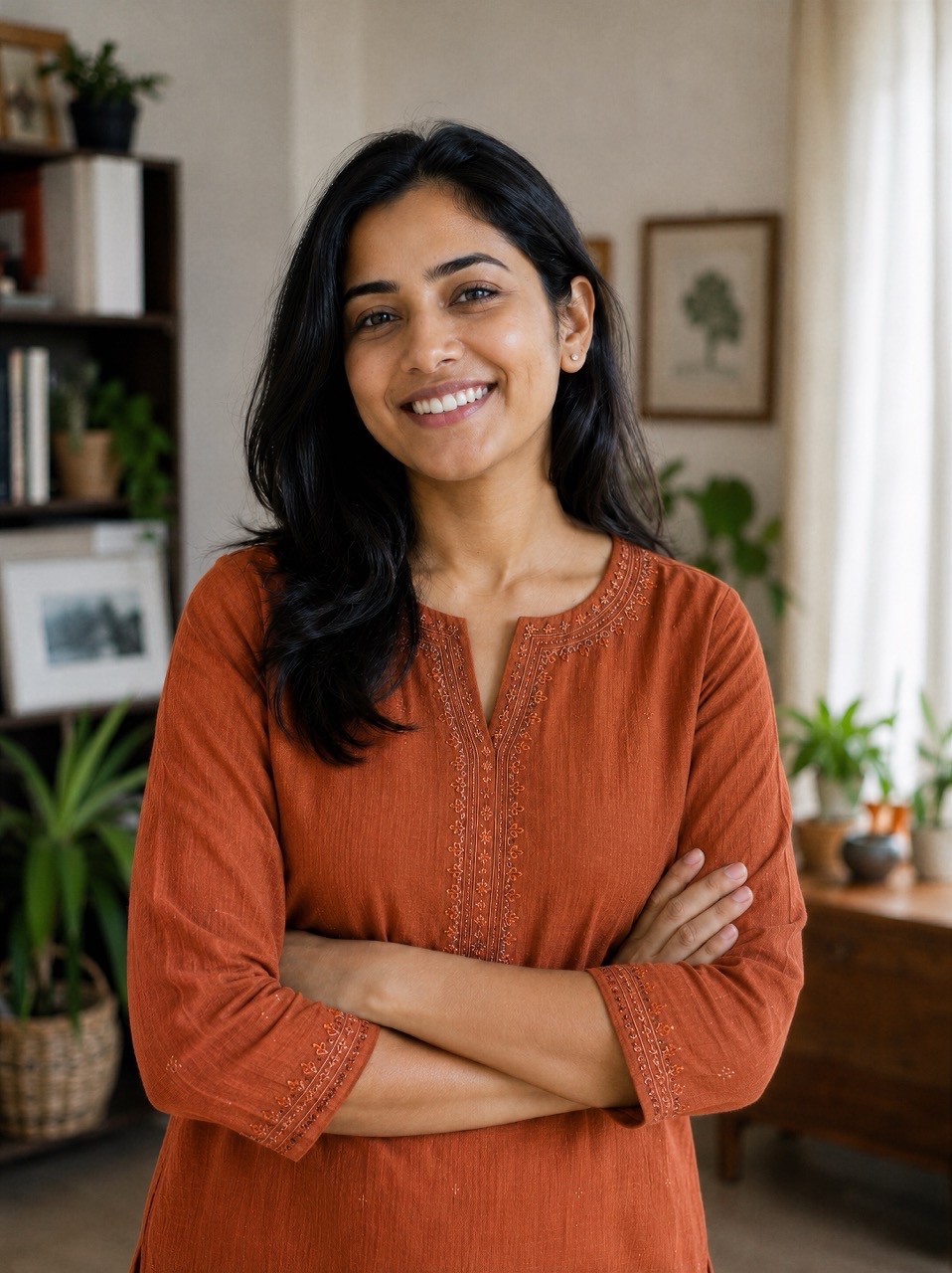 Confident Indian Woman Wearing Rust Kurta in Natural Indoor Portrait