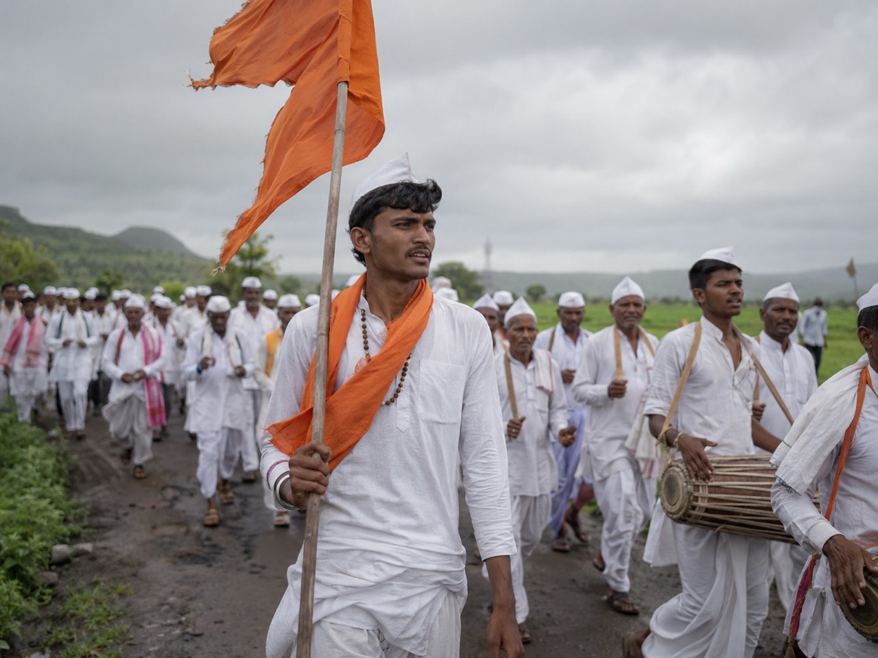 Varkari Flag Bearer Leading Pilgrims Through Rural Maharashtra | Royalty-Free image | Pixlaris