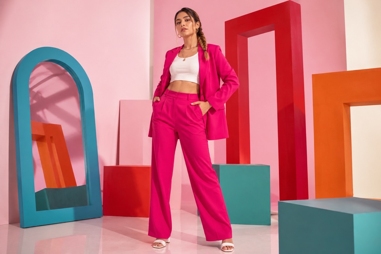 Confident Studio Portrait in Pink Pantsuit | Royalty-Free image | Pixlaris