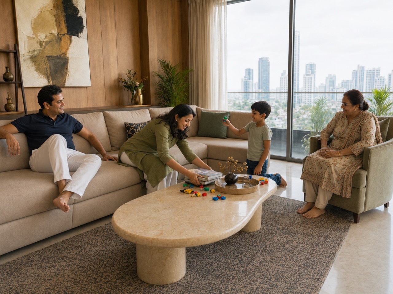 Family Enjoying Playtime in Premium Apartment Living Room | Royalty-Free image | Pixlaris