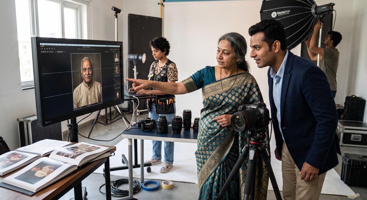 Professional Photographer Reviewing Portrait Session in Studio