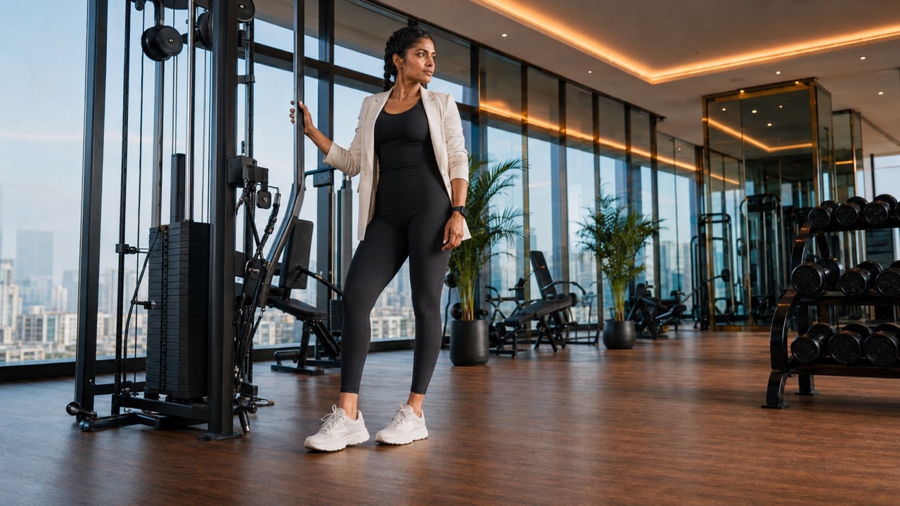 Luxury Fitness Woman Posing Beside Gym Equipment | Royalty-Free image | Pixlaris