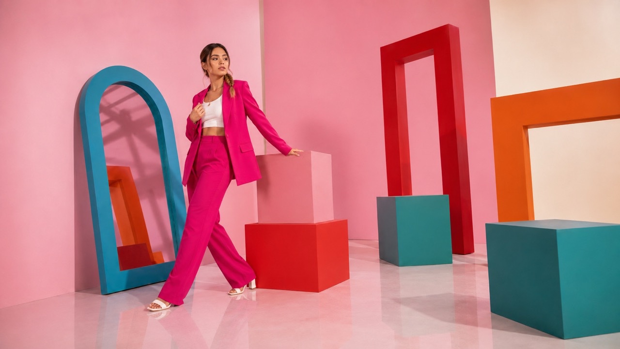 Side Angle Fashion Strut in Pink Suit | Royalty-Free image | Pixlaris