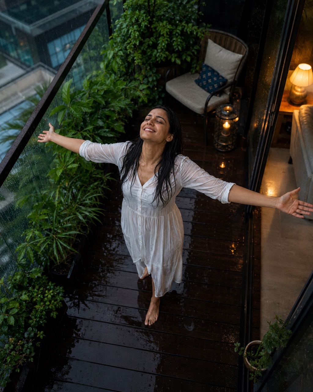 Woman Embracing Rain on High Rise Apartment Balcony | Royalty-Free image | Pixlaris