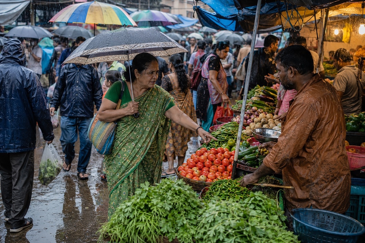 Indian Woman Buying Fresh Vegetables at Busy Rainy Street Market During Monsoon | Royalty-Free image | Pixlaris