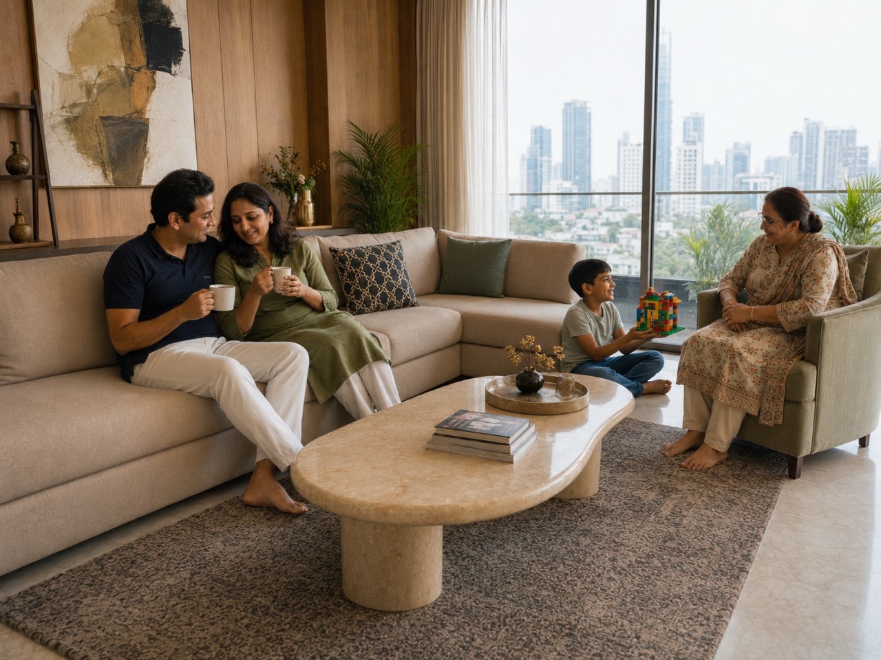Indian Couple Drinking Coffee While Child Plays at Home | Royalty-Free image | Pixlaris