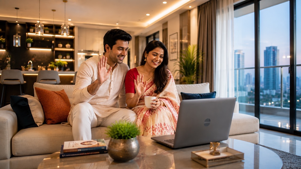 Young Indian Couple Celebrating Festival with Family Video Call from Modern Luxury Apartment Large