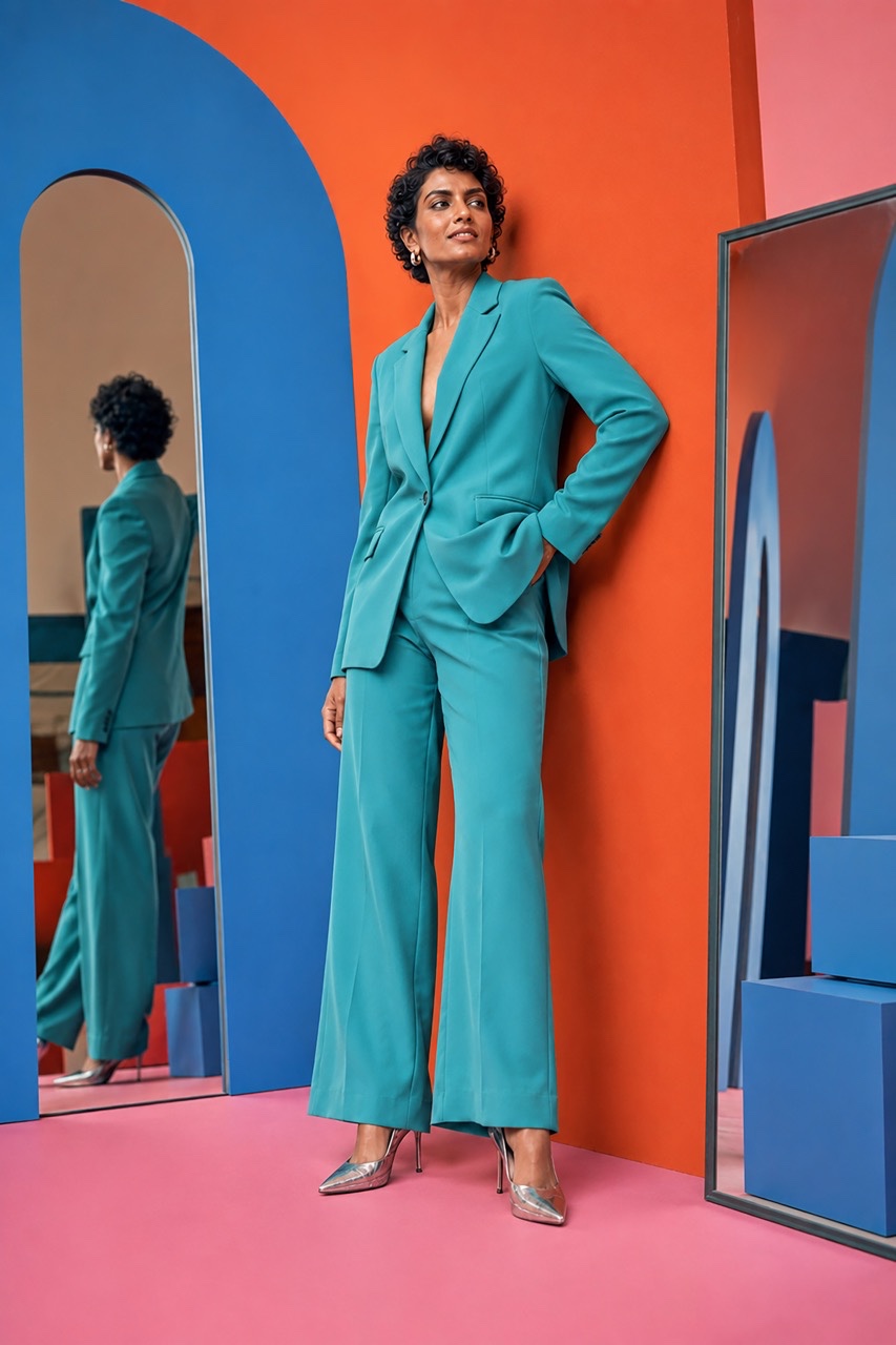 Indian Woman Leaning Against Orange Wall in Turquoise Suit | Royalty-Free image | Pixlaris