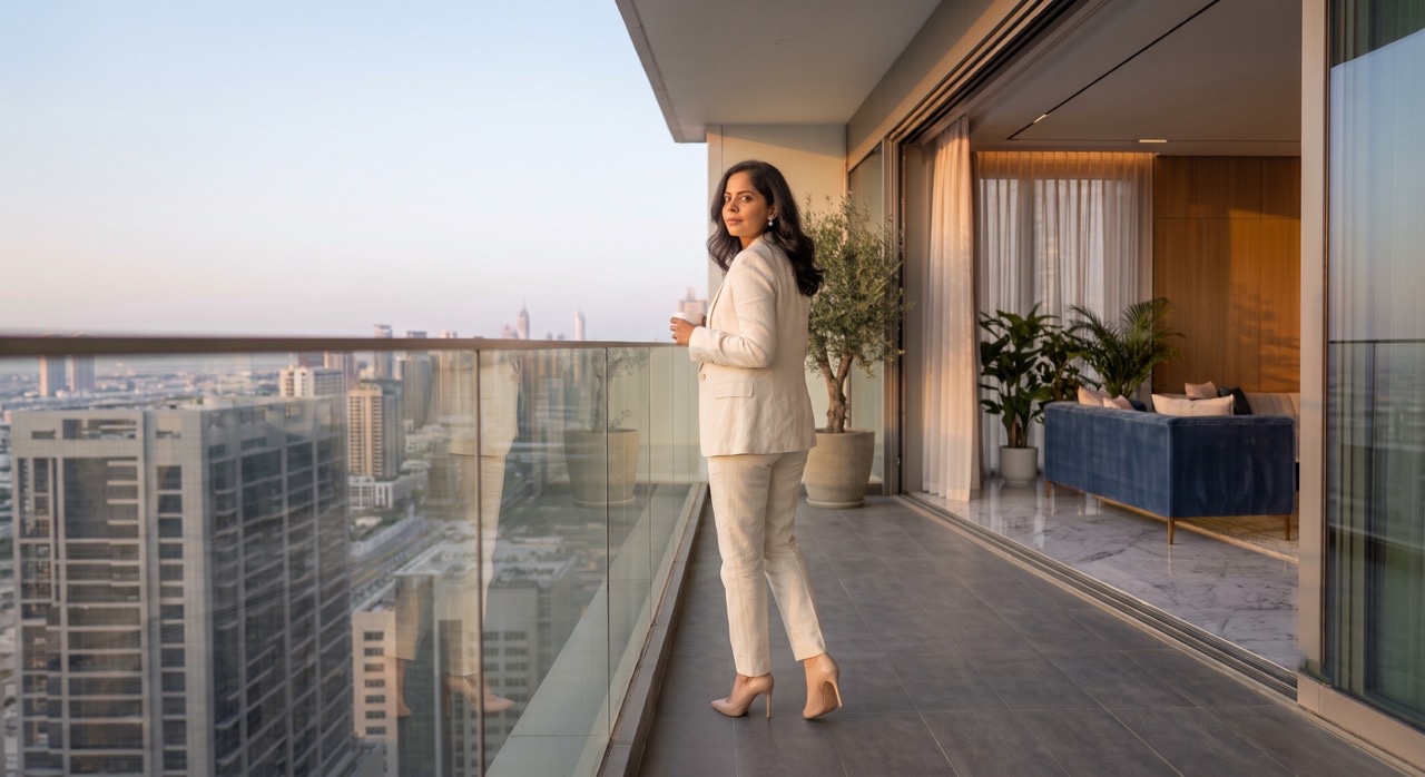 Indian Businesswoman Enjoying Morning Coffee on Luxury Apartment Balcony with City Skyline | Royalty-Free image | Pixlaris