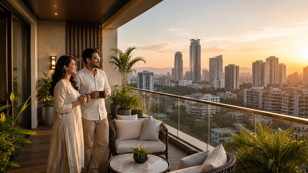 Indian Couple Enjoying Sunrise Coffee on Luxury Apartment Balcony with Panoramic City Skyline Large