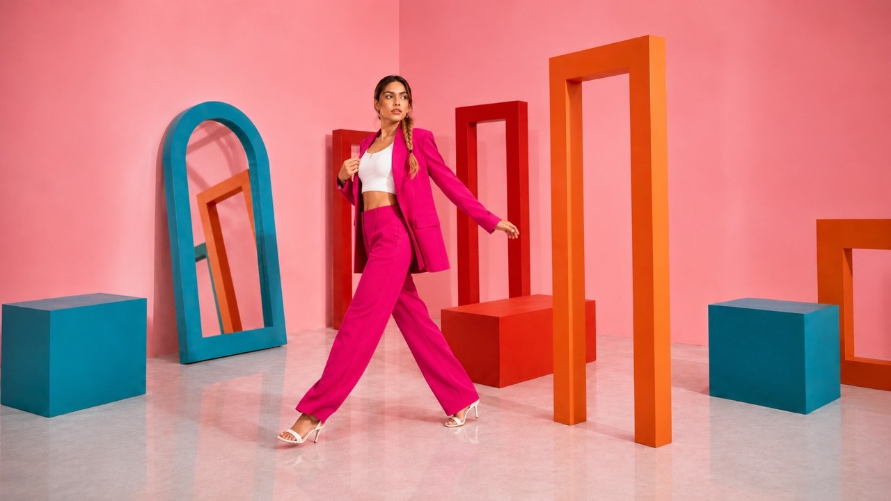 Model Strutting and Walking in Pink Suit Set | Royalty-Free image | Pixlaris