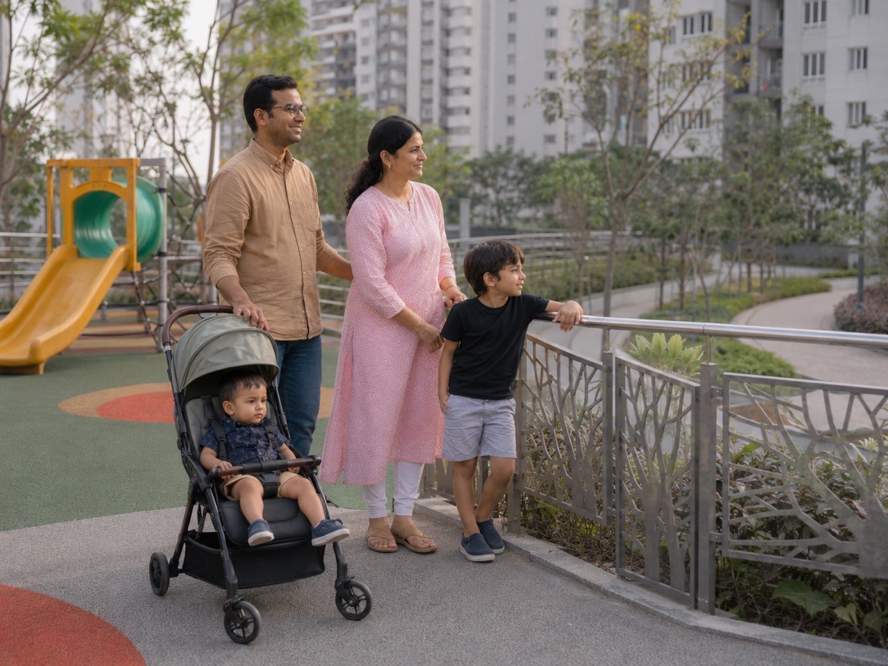 Indian Family Standing Near Playground in Residential Community | Royalty-Free image | Pixlaris