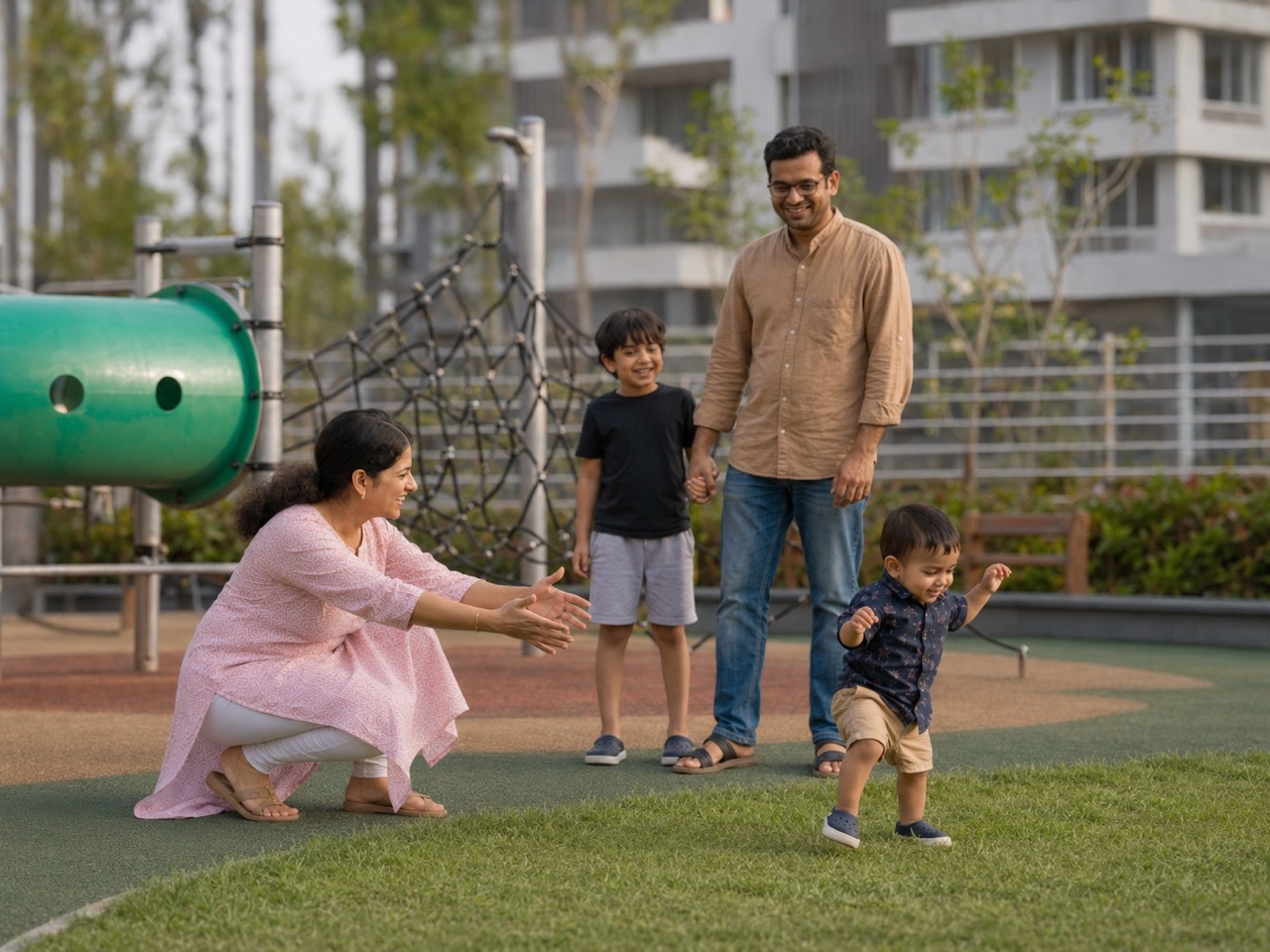 Toddler Walking Toward Mother at Apartment Playground | Royalty-Free image | Pixlaris