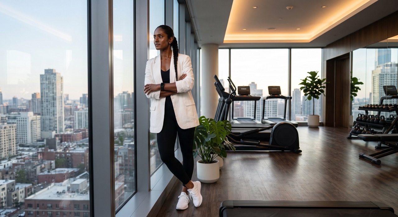 Confident Woman Standing by Gym Window With City View | Royalty-Free image | Pixlaris