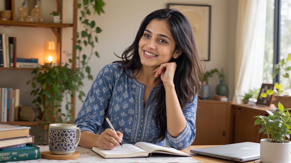 Thoughtful Indian Woman Writing in Journal at Cozy Home Office