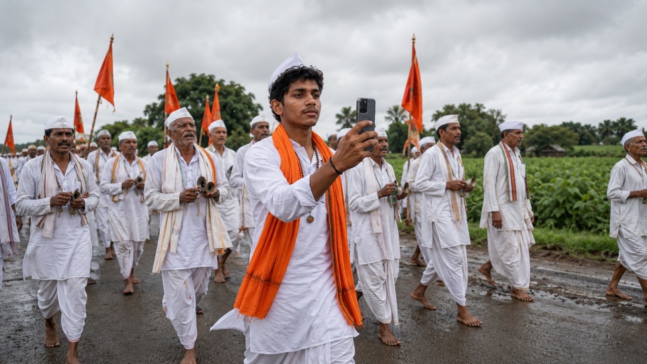 Young Warkari Recording Pilgrimage Procession on Phone | Royalty-Free image | Pixlaris