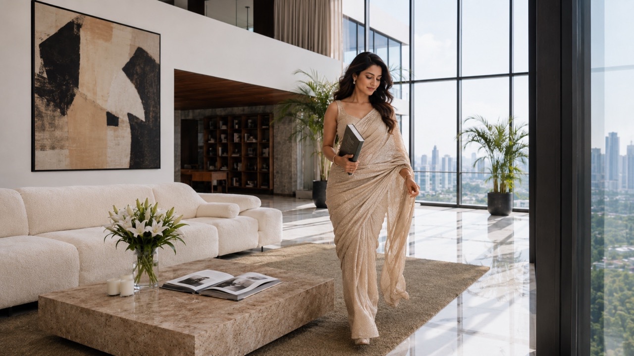 Elegant Woman in Saree Arranging Flowers in Premium Living Room | Royalty-Free image | Pixlaris