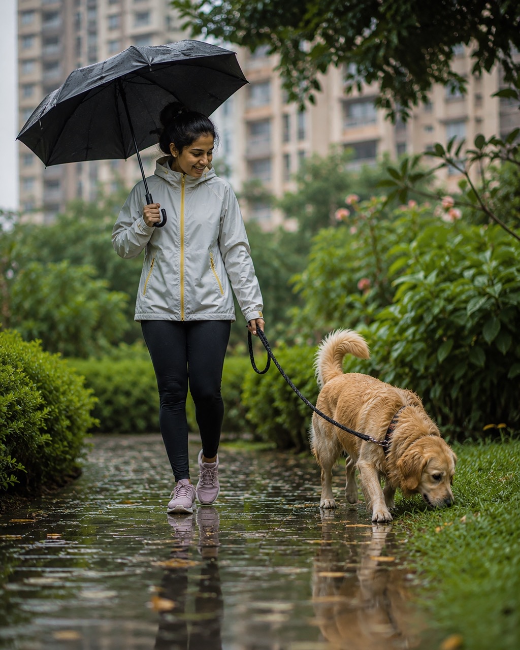 Woman Walking Golden Retriever in Residential Garden During Rain | Royalty-Free image | Pixlaris