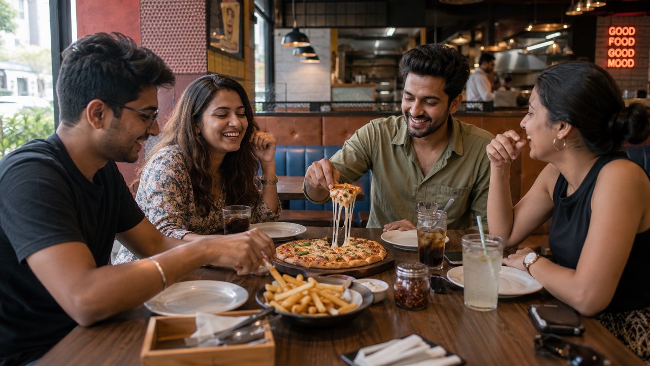 Young Friends Eating Pizza at Restaurant | Royalty-Free image | Pixlaris
