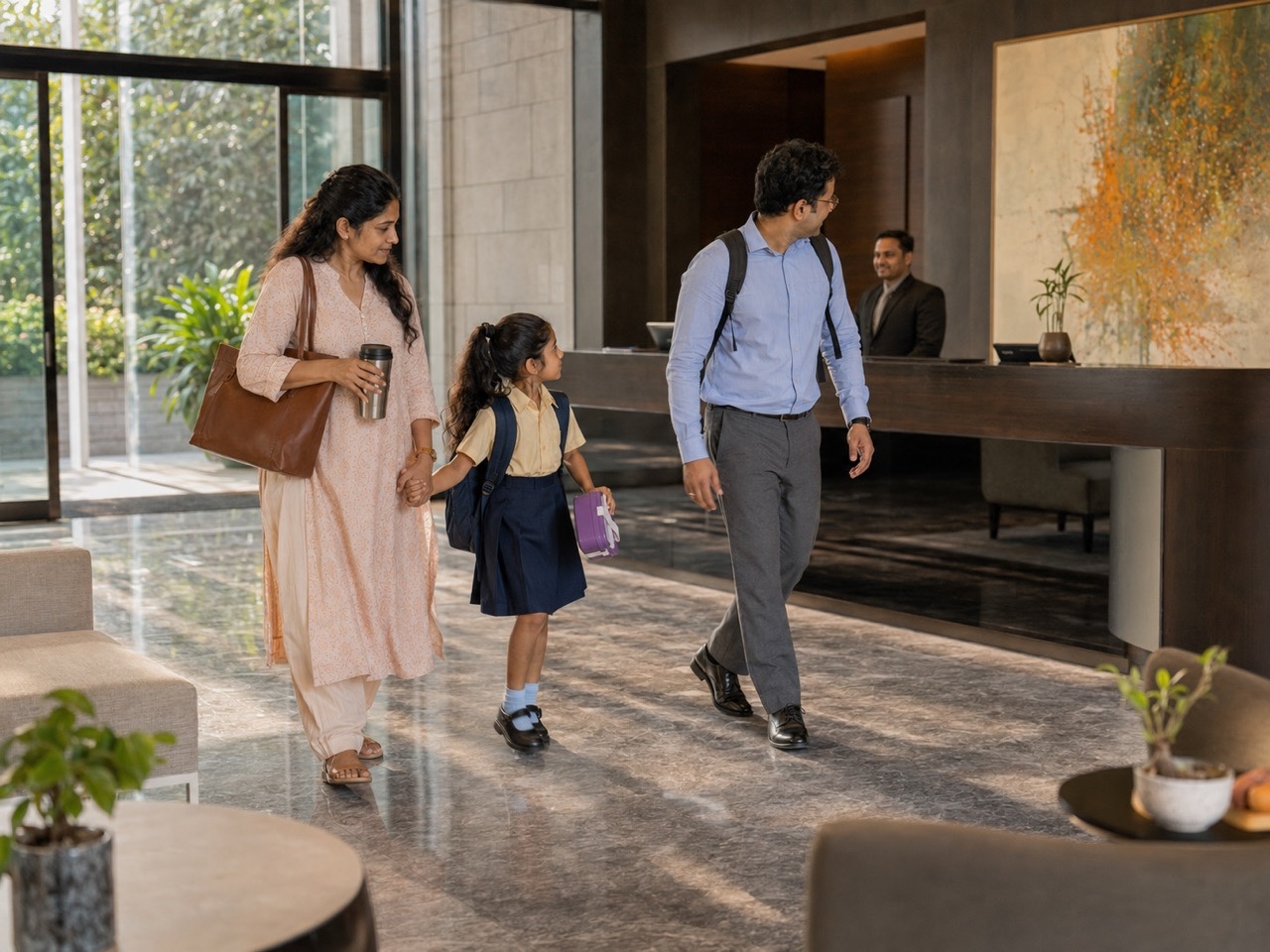 Family Walking Past Reception in Luxury Apartment Lobby | Royalty-Free image | Pixlaris