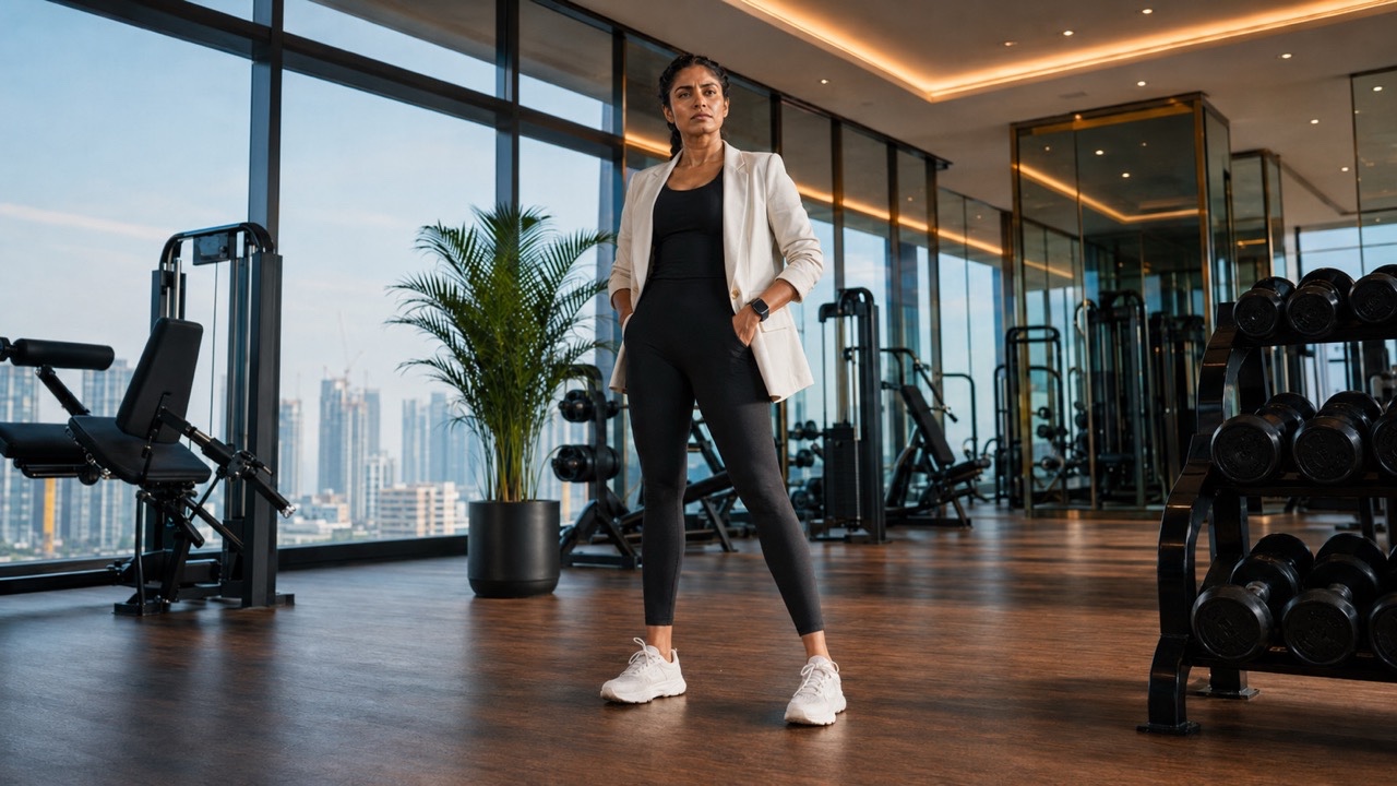 Luxury Fitness Woman Standing with Hands in Pockets in Premium Gym | Royalty-Free image | Pixlaris