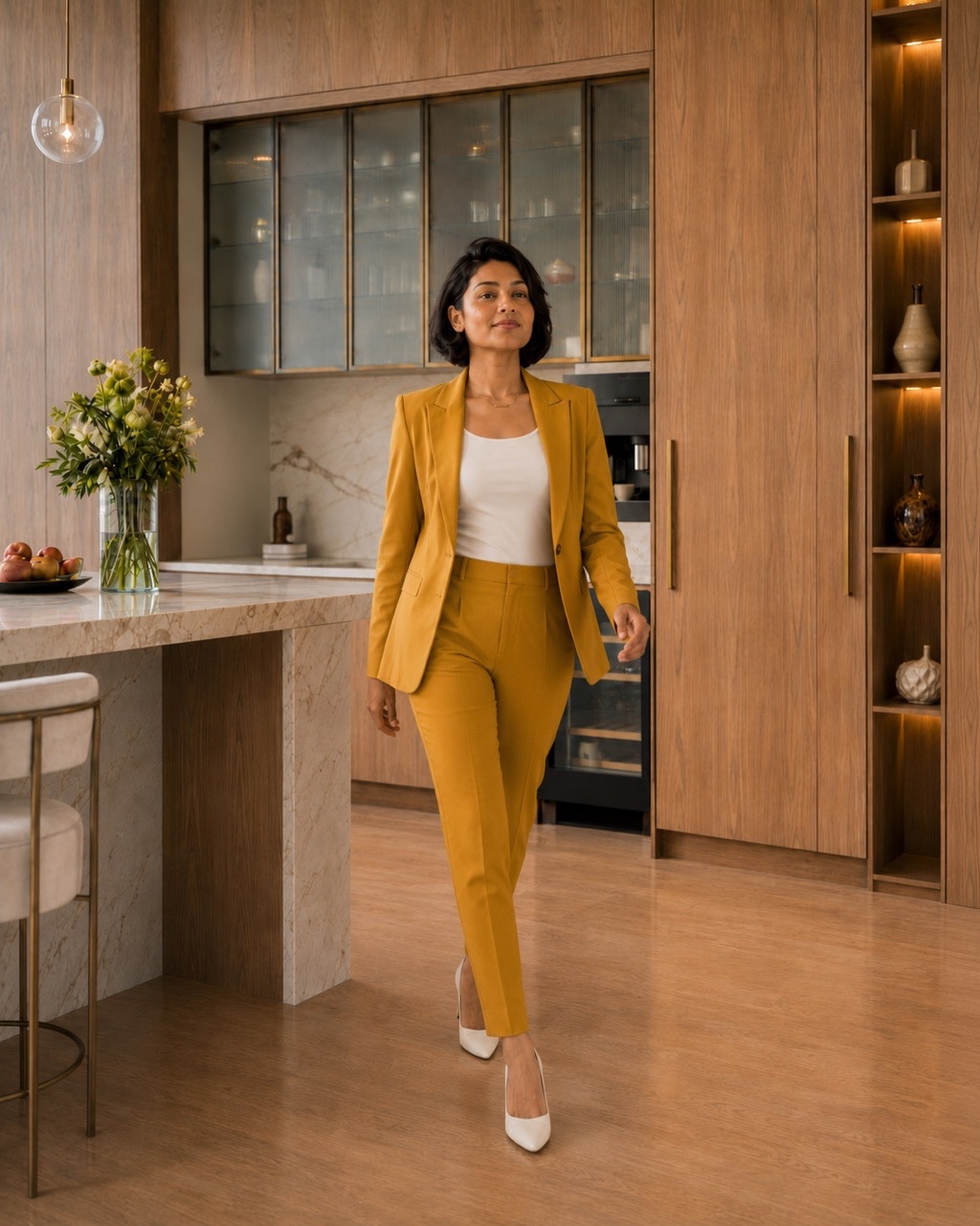 Indian Businesswoman Leaning on Marble Kitchen Island in Mustard Suit | Royalty-Free image | Pixlaris