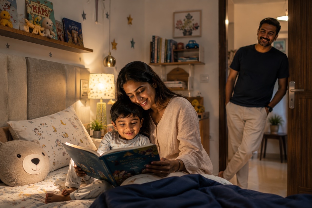 Indian Mother Reading Bedtime Story to Young Son While Father Watches at Home  Large