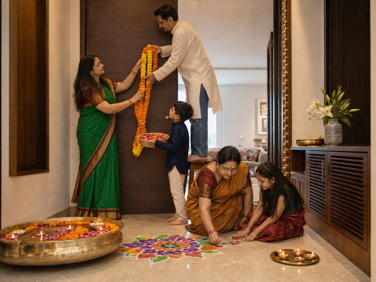 Maharashtrian Family Decorating Home Entrance with Marigold Garland | Royalty-Free image | Pixlaris