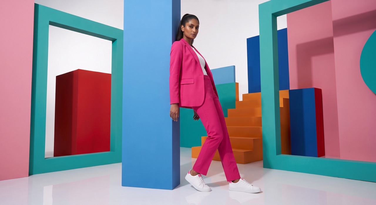 Side Pose of Indian Woman in Pink Suit Near Blue Pillar | Royalty-Free image | Pixlaris