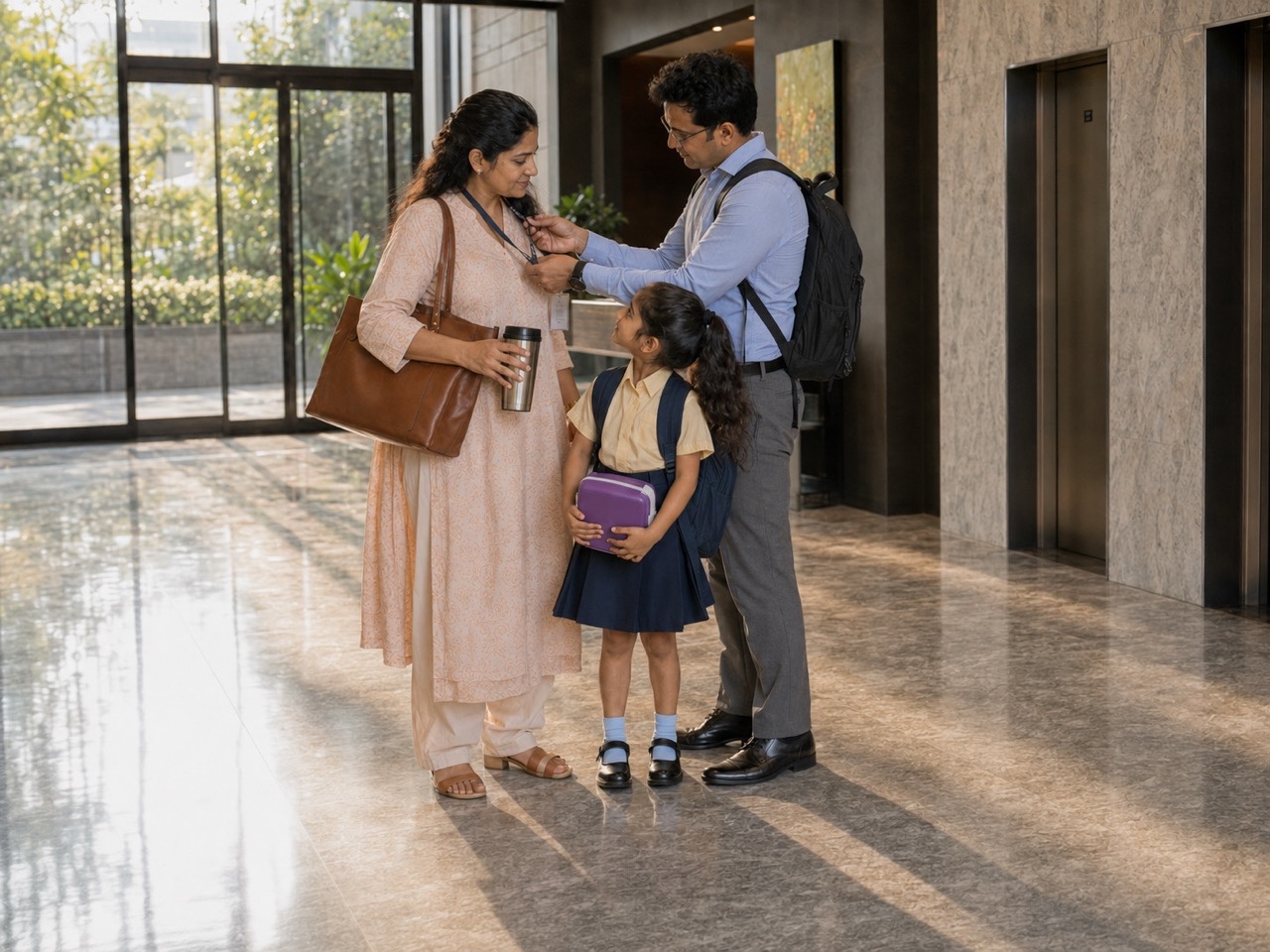 Father Helping Mother With ID Lanyard Before Leaving | Royalty-Free image | Pixlaris