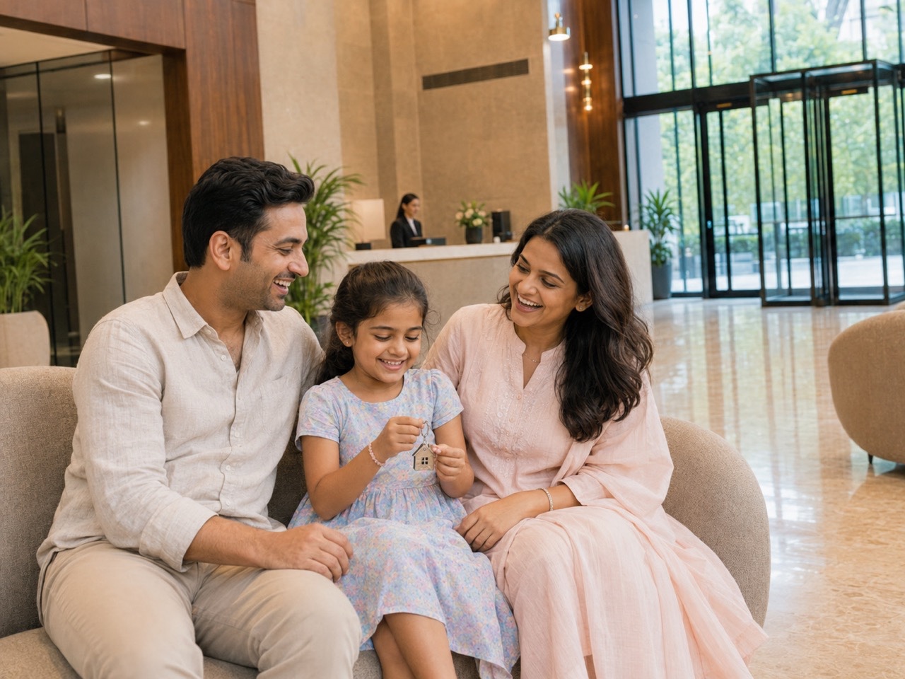 Family Sitting in Lobby Holding New Apartment Keys | Royalty-Free image | Pixlaris