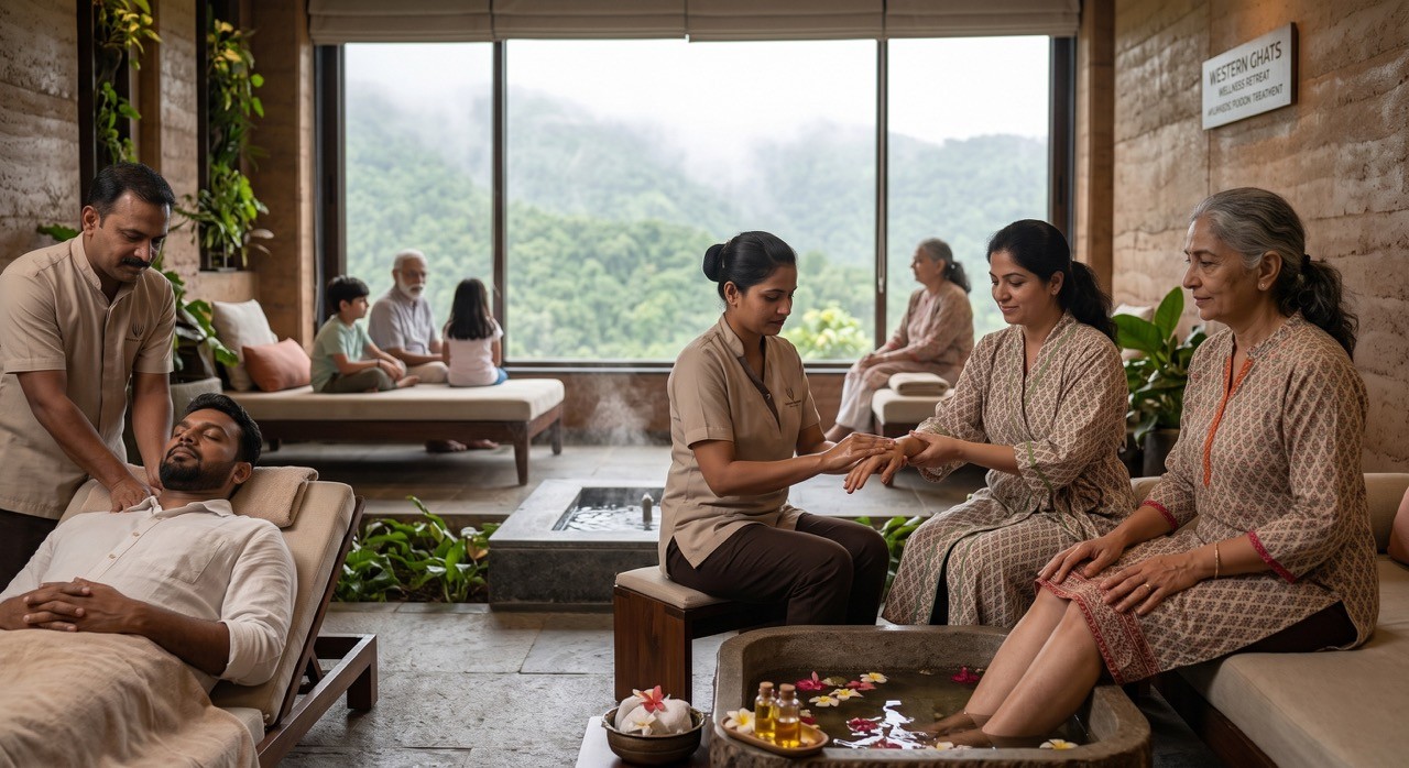 Indian Wellness Retreat Spa with Family Relaxation and Mountain View