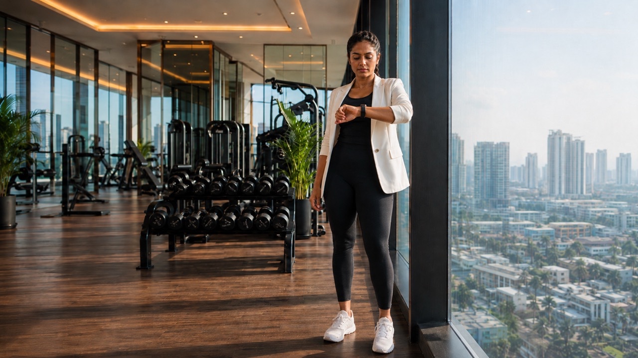 Woman Checking Smartwatch in Premium Gym | Royalty-Free image | Pixlaris