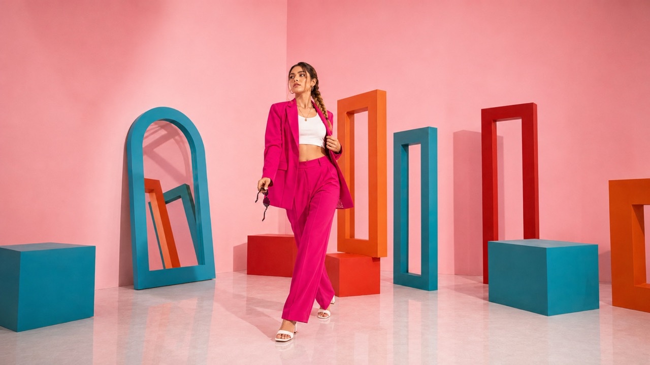 Confident Studio Portrait Strut in Pink Pantsuit | Royalty-Free image | Pixlaris